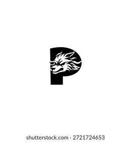 Ilustración vectorial de temática salvaje de una cabeza de lobo combinada con una letra del alfabeto P. Adecuado para marcas al aire libre, proyectos de vida silvestre, logotipos de aventura, identidad masculina, tipografía audaz y fuerte marca visual