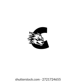 Ilustración vectorial de temática salvaje de una cabeza de lobo combinada con una letra del alfabeto C. Adecuado para marcas al aire libre, proyectos de vida silvestre, logotipos de aventura, identidad masculina, tipografía audaz y fuerte marca visual