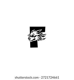 Ilustración vectorial de temática salvaje de una cabeza de lobo combinada con una letra F del alfabeto. Adecuado para marcas al aire libre, proyectos de vida silvestre, logotipos de aventura, identidad masculina, tipografía audaz y fuerte marca visual