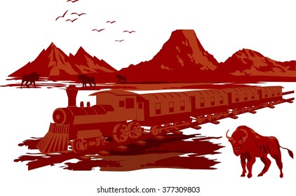 Wildwest illustration in red colors isolated on white. Train and bison on prairie