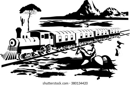 Wildwest illustration. Train on prairie, cowboy and vector landscape.