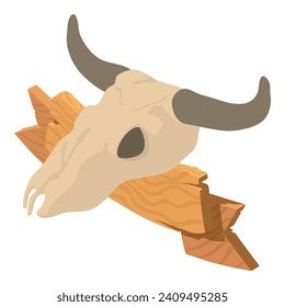 Wildwest symbol icon isometric vector. Big buffalo skull near wooden signboard. Wild west concept