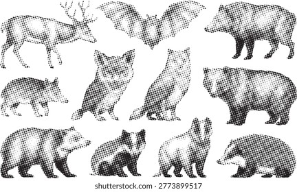 Wildwood creature set with dotted texture. Woodland animal silhouettes for nature design. Halftone vector elements.