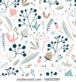 Wildwood floral seamless pattern. Vector forest print. Light colors.