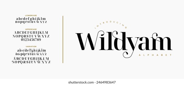 Wildyam elegant font alphabet uppercase lowercase and number. Classic lettering minimal fashion designs. Typography modern serif fonts regular decorative vintage concept. Vector illustration