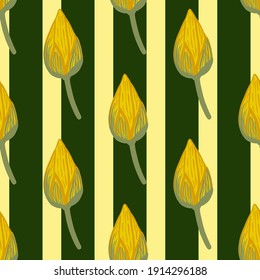 Wilflife asian botany seamless pattern with doodle lotus bud elements. Yellow flowers and striped background. Stock illustration. Vector design for textile, fabric, giftwrap, wallpapers.