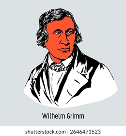 Wilhelm Carl Grimm foi um filólogo alemão, irmão de Jacob Grimm. Ele era um representante dos Românticos de Heidelberg, que pretendia se interessar pela cultura popular. Ilustração de vetor desenhada à mão