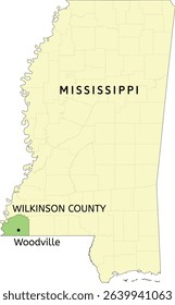 Wilkinson County and town of Woodville location on Mississippi state map