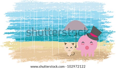 I will always be here for you. An Octopus is holding umbrella for a little kitten. Cute couple with watercolor background.
