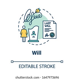 Will concept icon. Testament of deceased person. Legacy for widow. Beneficiary, trustee. Notary service idea thin line illustration. Vector isolated outline RGB color drawing. Editable stroke