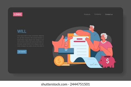 Will dark or night mode web, landing. An elderly couple reviews a legal document, signifying the importance of wills in estate planning and financial foresight.