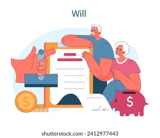 Will. Una pareja de ancianos revisa un documento legal, lo que significa la importancia de los testamentos en la planificación de la propiedad y la previsión financiera. Ilustración vectorial plana