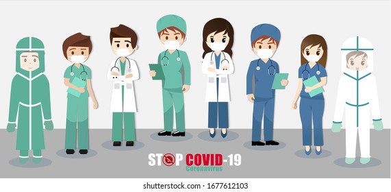 “WE Will Fighting Together” Patriotic inspirational positive quote about novel coronavirus covid-19 pandemic. STOP Covid-19. Professional medical Team, Medical concept doctor in flat style.