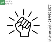Will icon. Hand closed power, clenched fist. fighting for rights, freedom. Raised fist symbol of victory, strength and solidarity. Line style Vector illustration design on white background. EPS 10