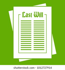 Will icon white isolated on green background. Vector illustration