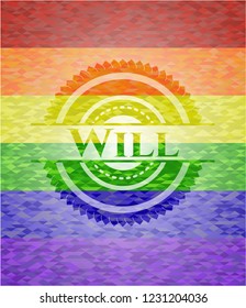 Will on mosaic background with the colors of the LGBT flag