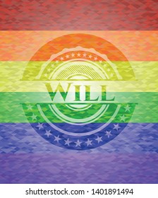 Will on mosaic background with the colors of the LGBT flag