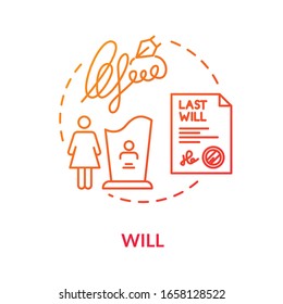 Will red concept icon. Death wish. Testament of deceased person. Legacy for widow. Beneficiary, trustee. Notary service idea thin line illustration. Vector isolated outline RGB color drawing