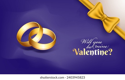 ¿Serás Mi Valentine? Texto de mensaje con anillo dorado sobre fondo azul, se puede usar como tarjeta de felicitación o diseño de pancarta para el día de la propuesta o el día de San Valentín.