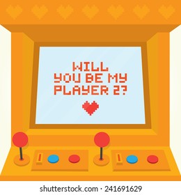 Will you be my player two? Arcade machine valentines day vector card