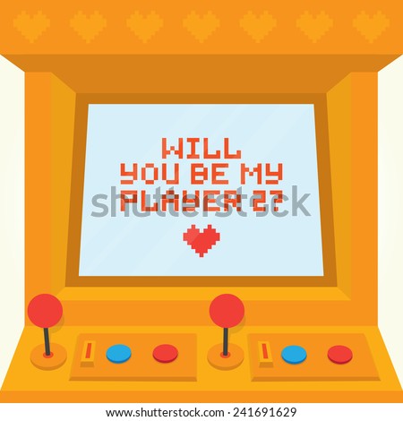 Will you be my player two? Arcade machine valentines day vector card