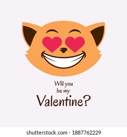 Will you be my Valentine greeting card with cute cat in love vector. Smiling emoticon cat face with hearts instead eyes vector. Funny laughing cat icon. Valentine cat clip art. Important day