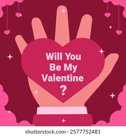 Will you be my Valentine illustration background with hand and heart shape on it and pink cloud around it