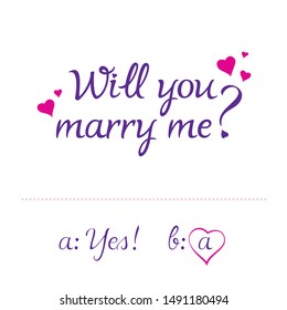 "Will you marry me?" lettering typography. Romantic marriage proposal quote with pink hearts icons. Marriage, family, love, couple, relations conceptual design. 