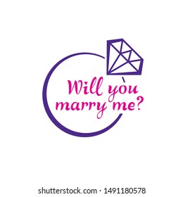 "Will you marry me?" lettering typography. Marriage proposal quote with stylized engagement ring with a diamond. Marriage, family, love, couple, relations conceptual design. 