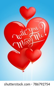 Will You Marry Me Calligraphy on Heart Balloon iSolated Blue Background.