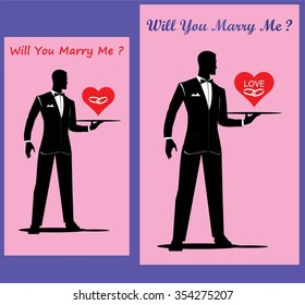 will you marry me ? elegance gentleman propose a wedding ring in heart shape on a plate to his lady.
