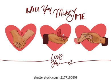 ¿Te casarás conmigo tarjeta de saludo? Ilustración del vector de proposición matrimonial con anillo matrimonial y mano masculina. corazones. Ilustración del vector