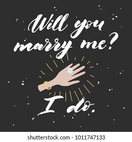 Will you marry me lettering. Hand drawn vector illustration, greeting card, design, logo for Valentine s Day.