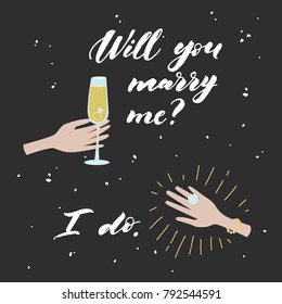 Will you marry me lettering. Hand drawn vector illustration, greeting card, design, logo for Valentine s Day.