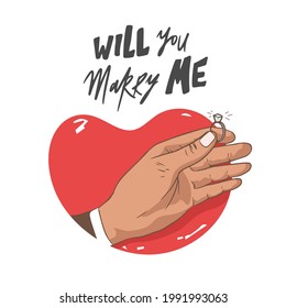 Will you marry me. Marriage proposal vector illustration with wedding ring and male hand. Man hand with engagement ring. text. Engagement proposal. Marriage proposal.