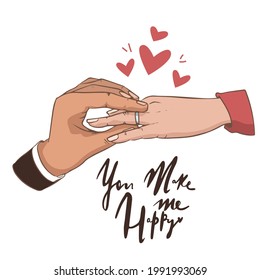 Will you marry me. Marriage proposal vector illustration with wedding ring and male and female hands. hearts