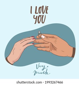 ¿Te casarás conmigo? Ilustración del vector de proposición matrimonial con anillo matrimonial y manos masculinas y femeninas. te quiero mucho