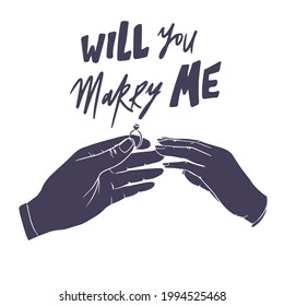 Will you marry me. Marriage proposal vector illustration with wedding ring and male and female hands.