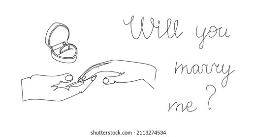 Will you marry me one line art. Continuous line drawing of lovers hold hands, hold on to fingers, propose, box with an engagement ring.