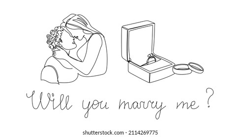 Will you marry me one line art. Continuous line drawing of couple in love, wedding rings, propose, ring box.