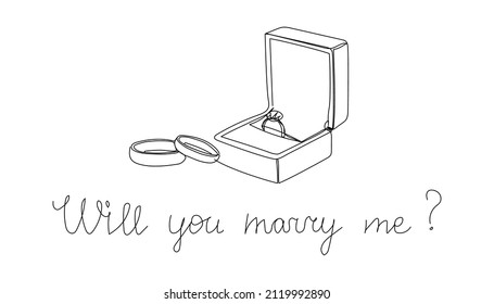 Will you marry me one line art. Continuous line drawing of box with an engagement ring and wedding rings, propose.