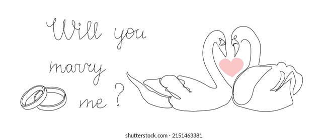 Will you marry me one line art. Continuous line drawing of couple in love, wedding rings, swans, heart, family, engaged, propose.