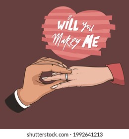 Will you marry me poster. Marriage proposal vector illustration with wedding ring and male and female hands