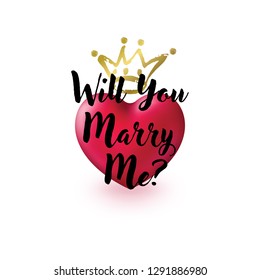 Will You Marry Me question. 3d Red Heart and hand drawn Gold Crown isolated on a white backdrop. Beautiful wedding decor, posters, cards, invitations, labels, t shirts. Vector Illustration