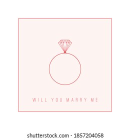 Will you Marry Me. Red Engagement Ring with Diamond gemstone. Simple geometric minimalistic Icon. Logo template. Trendy Vector illustration. Proposal, marriage concept. Wedding greeting card
