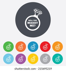 Will you marry me ring sign icon. Engagement symbol. Round colourful 11 buttons. Vector