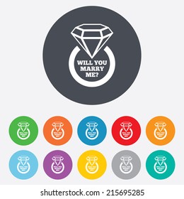 Will you marry me ring sign icon. Engagement symbol. Round colourful 11 buttons. Vector