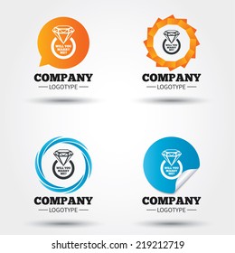 Will you marry me ring sign icon. Engagement symbol. Business abstract circle logos. Icon in speech bubble, wreath. Vector