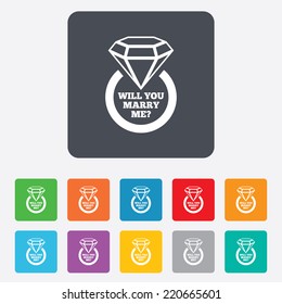 Will you marry me ring sign icon. Engagement symbol. Rounded squares 11 buttons. Vector