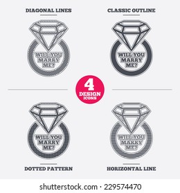 Will you marry me ring sign icon. Engagement symbol. Diagonal and horizontal lines, classic outline, dotted texture. Pattern design icons.  Vector